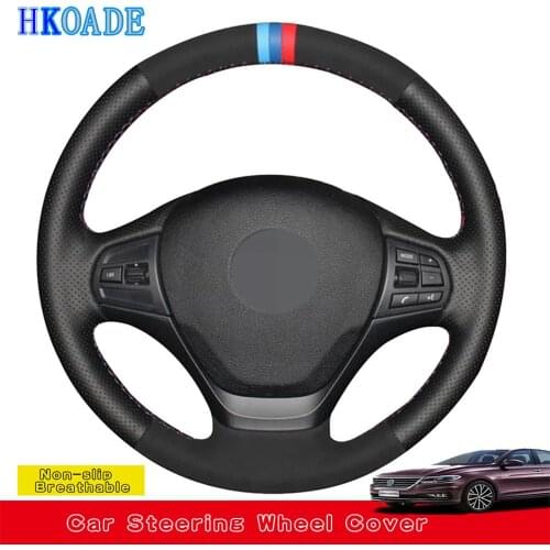 DIY Black Suede Black Genuine Leather Hand-stitched Car Steering Wheel Cover For BMW F20 F21 F22 F23 F30 F31 F34
