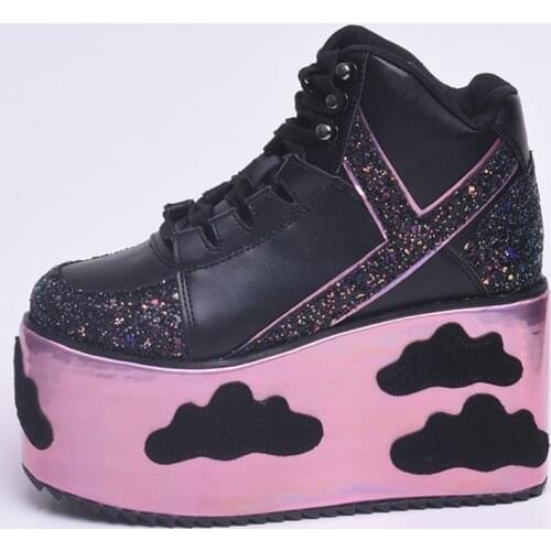 Autumn Newest Platform Wedge Shoe for Woman Round Toe Glitter Embellished Lace-up Casual Shoes Cloud Stars Patchwork Shoes