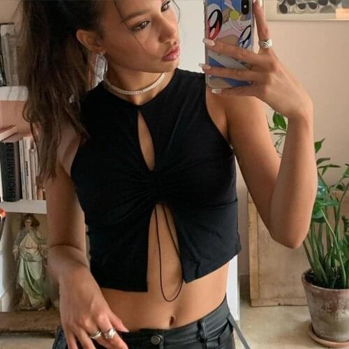 Y2K Aesthetic Drawstring Black Crop Tops Sexy Goth Hollow Out Sleeveless Tank Top Punk Style Slit Vest Streetwear 90s Female