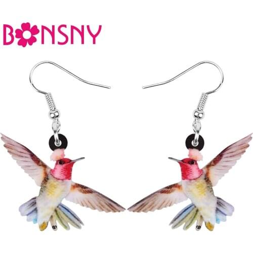 Bonsny Acrylic Charm Hummingbird Earrings Print Lovely Bird Animal Dangle Drop Jewelry For Women Girls Trendy Gift Accessories