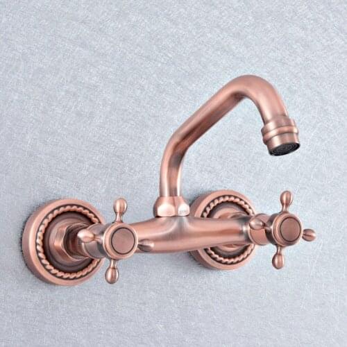 Antique Red Copper Bathroom Kitchen Sink Faucet Mixer Tap Swivel Spout Wall Mounted Double Handles Lsf856
