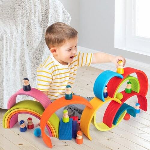 DIY Childrens Wooden Rainbow Toy Creative Wood Rainbow Stacker Balance Blocks Baby Toy Montessori Educational Toys For Children