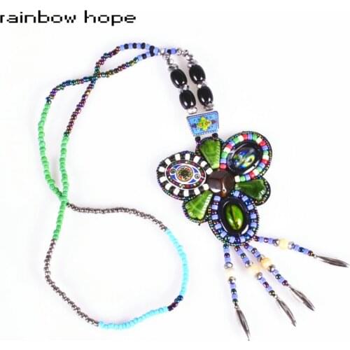 Ethnic green flower tassel strand Long pendant necklace Bohemia style Ceramic pendant statement necklaces for fashion jewelry