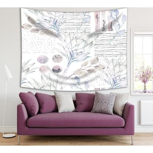 Tapestry Trees Branches Leaves Garden Floral Pattern on Stripes and Polkadots Watercolor Illustration Green Blue