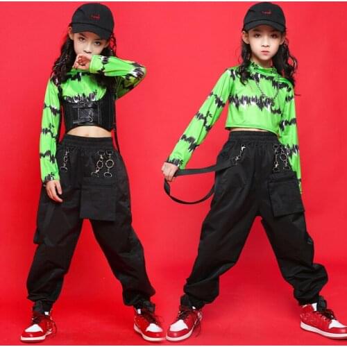 Girls Hip Hop Jazz Dance Costumes Green Top Shirt Black Crop Vest Casual Pants for Kids Ballroom Dancing Clothing XS1188