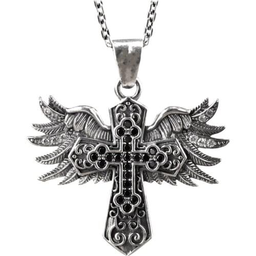 BOCAI New Real S925 Silver Zircon Cross FDeather large Pendant for Man 2021 Fashion Trend Man and Woman Sweater Chain Pendant