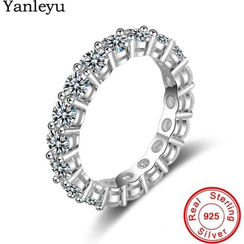 Yanleyu Full One Row Shiny Zircon CZ Diamant Wedding Rings for Women 100% Real 925 Sterling Silver Engagement Jewelry Ring PR192