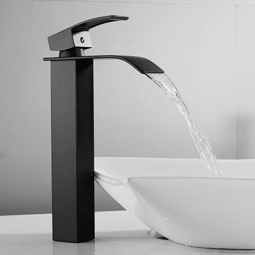 Waterfall Tall Basin Faucet Bathroom Sink Taps Basin Mixer Black Spray Square Mono Faucet Stainless Steel Body Zinc Alloy Handle