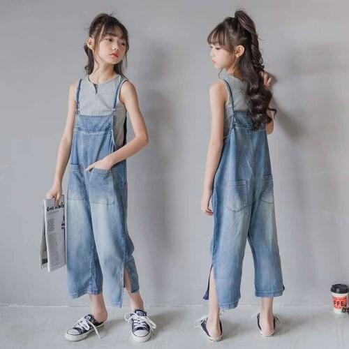 6 To 16 Years, Kids Overalls 2021 New Summer Girls Jeans Teen Ankle Length Baby Cotton Trousers Straight Fashion,#6207