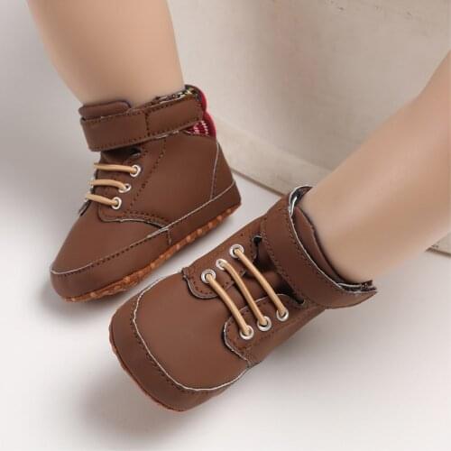 0-18M Newborn Baby High Top Crib Shoes Soft Sole Non-Slip Casual Flat Shoes Solid Color Leather Warm First Walker Prewalker