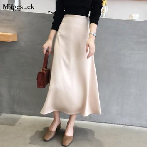 Women 2021 Spring Summer Solid Maxi Skirts For Women Korean Casual Satin Silk Skirt Zipper High Waist Female Skirt Faldas 13219
