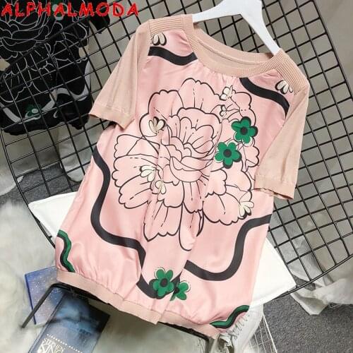 ALPHALMODA Printed Floral Knitted T-shirt Womens Short-Sleeved Loose Summer Fashion Tee Top 2020 New Style Casual Shirt