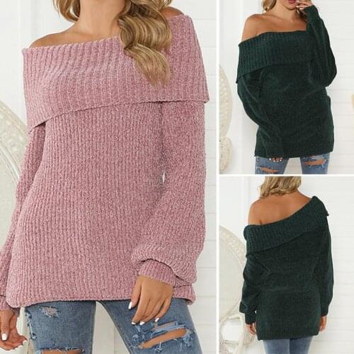 Hot kf-Full Sleeve Knitted Sweater Women Cold Shoulder Elastic Knitted Pullovers Femme Sexy Off-Shoulder Jumper