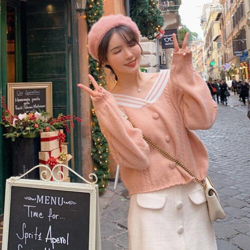 Women Knitted Sweater Lovely Japanese Korean Style Streetwear Pullovers Female Autumn All-match V-Neck College Cute Knitwear Top