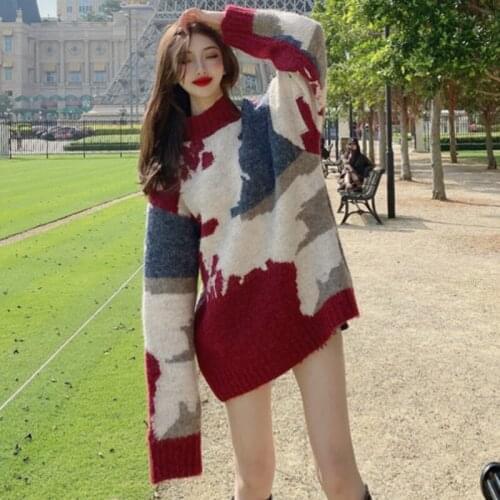 Vintage Autumn Winter 2021 New Sweater Pullover Womens Medium Length Loose Color Matching High Collar Knitting Jumper Women