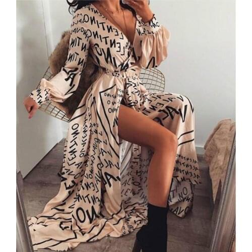 ZITY Women Dress Letter Print Boho V -Neck Long Dress Slit Maxi Dress Beach Robe Femme Casual Loose Dresses