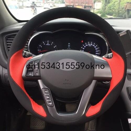 DIY Black Suede Red Leather Car Steering Wheel Covers For Kia K5 Optima 2011 2012 2013 Car Accessories
