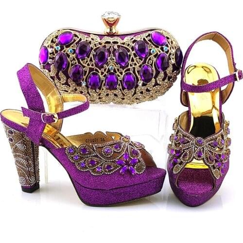 Beautiful purple women pumps and bag set with big crystal style african shoes match purse for dress CP6001,Heel 11CM
