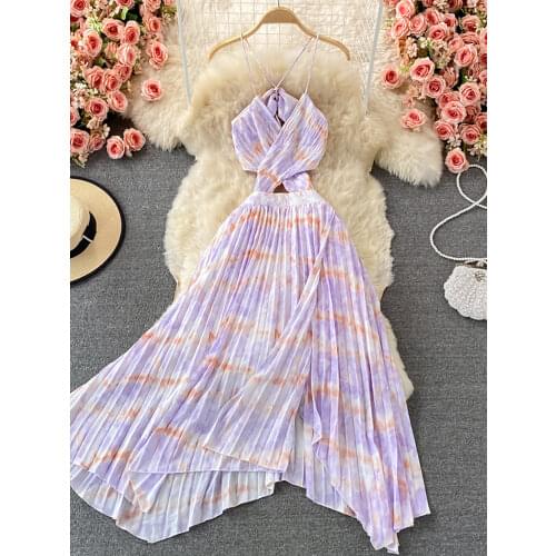 Summer Purple/Pink/Yellow Hollow Out Irregular Pleated Midi Dress Women Sexy Beach Vacation Party Tie Dye Draped Robe 2021 New