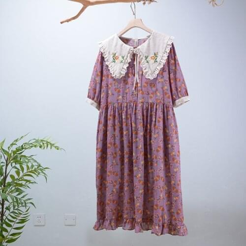 Summer New Sweet Japan Style Embroidery Flower Collar Short Sleeve Loose Waist Floral Dress HT6992