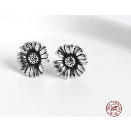 LKO 925 Sterling Silver Vintage Flower Stud Earrings Female Small Fresh Sunflower for Women Fashion Wedding Jewelry Accessories