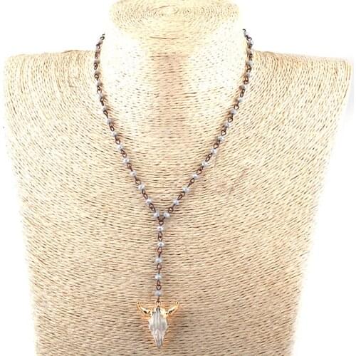 Fashion Bohemian Mini Grey crystal Rosary Chain Cute Horn OX Charm Women Ethnic Choker Simple Lady Necklace