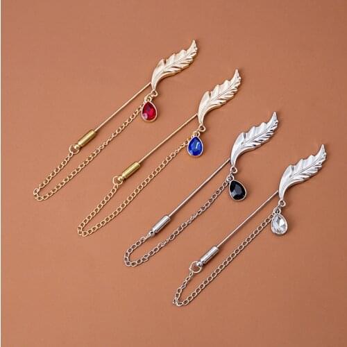 Fashion Crystal Feather Chain Brooch For Women Girls New Design Scarf Geometric Rhinestone Badge Pin Jewelry Party Gifts