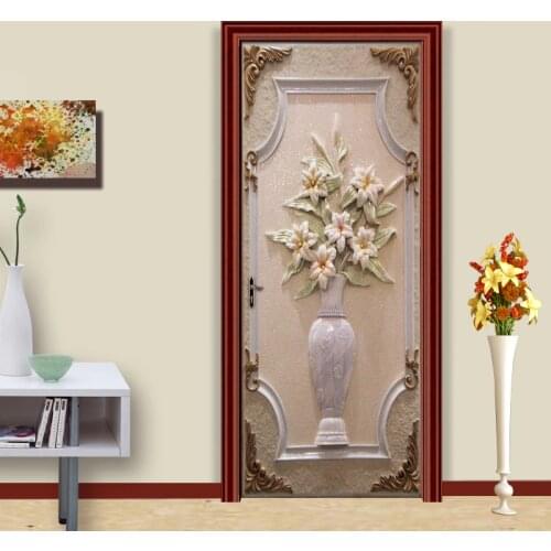 Door Sticker PVC Self-adhesive Wall Painting European Style Vase 3D Living Room Bedroom DIY Door Sticker Mural Wallpaper Murals