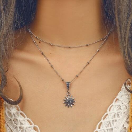 2020 New Fashion Bohemia Sunflower Double-layer Metal Pendant Necklace For Women Sexy Beaded Choker Necklace you are my sunshine