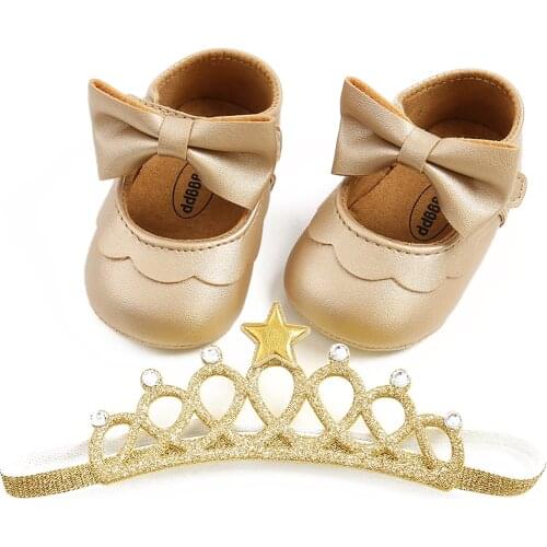 0-18M Newborn Infant Baby Girls First Walkers Pu Leather Shoes Cute Bow Princess Party Birthday Shoes + Headband