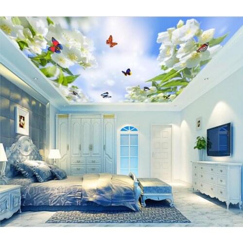 Custom 3D Wallpaper Roll Flower, butterfly, blue sky and white clouds Bedroom Living Room Ceiling Decoration Mural Wall