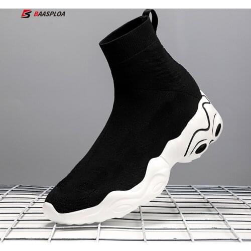 Baasploa Men Women Casual Knit Upper Breathable Ankle Boot Couple Non-slip Sneakers Light Elasticity Wedge Platform Sock Shoes