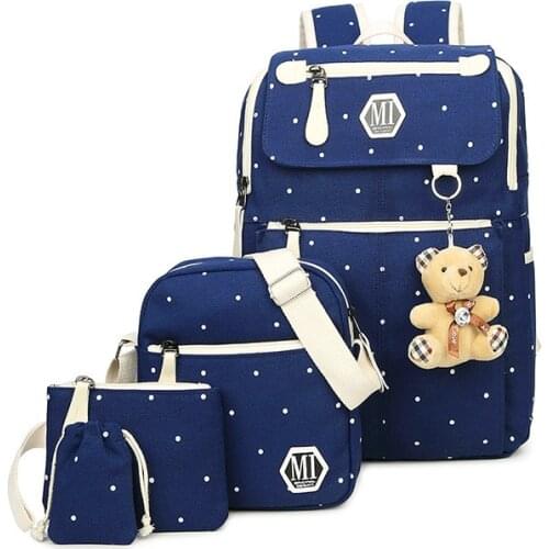 Dark blue School Bags for Teenagers Girls Schoolbag Large Capacity Ladies Dot Printing Canvas School Backpack set Rucksack