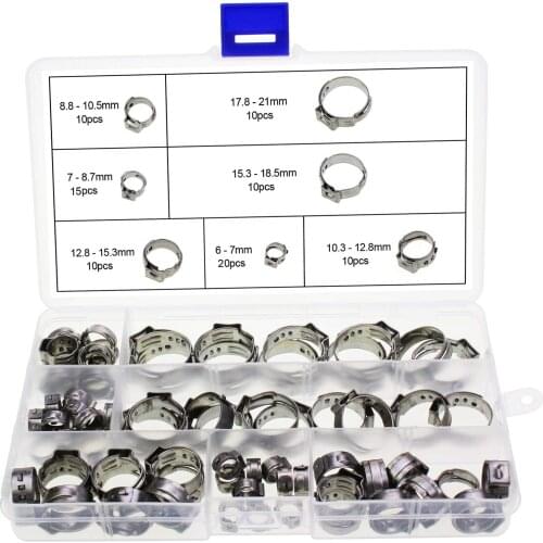 Stainless Steel Single Ear Hose Clamp, 90Pcs 7.0-21.0mm Crimp Hose Clamp Assortment Kit Ear Stepless Cinch Rings Crimp Pinch Fit
