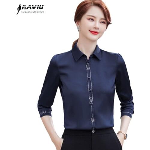 Shirt Women Design 2021 New Autumn Long Sleeve Chiffon High End White Formal Blouses Fashion Office Ladies Work Tops Navy Blue