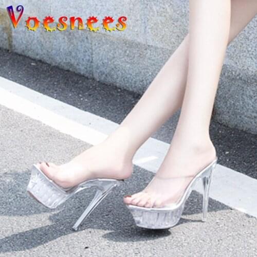 Voesnees Womens Crystal Slippers Summer Transparent High Heels 14 CM Lady Shoes Sexy Platform Fashion Slippers Women Slides