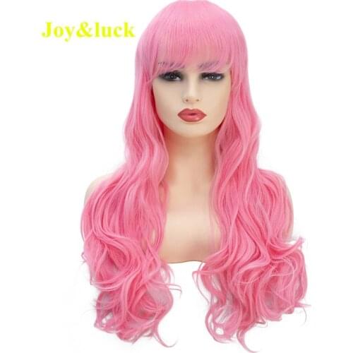 Joy&luck Long Sweety Wig Natural Wavy Cosplay Wigs Pink Color for Women High Temperature Fiber