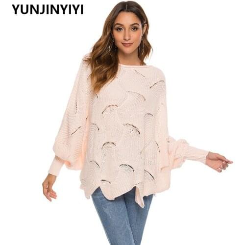 New Fashion O Neck Hollow Out Pullover Winter Batwing Sleeve Loose Sweater Women Pull Knitwear Sexy Sweaters