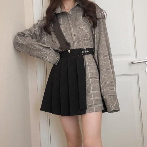 Women Plaid Pleated Split Two Piece Shirt Dress 2021 New Arrival Autumn Long Sleeve Loose Fashion Korean Style Woman Clothing