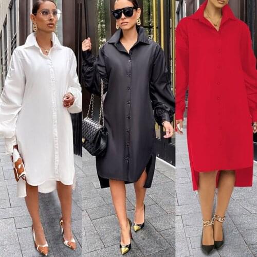 Streetwear Oversized Shirt Dress Women Lantern Sleeve Turn-down Collar Button Up Blouse Dress Elegant Loose Midi Casual Dresses