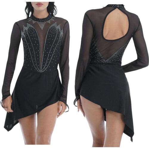 Women Dance Dress Rhinestone Mesh Long Sleeve Figure Skating Artistic Gymnastic Training Performance Costume Leotard Dresses