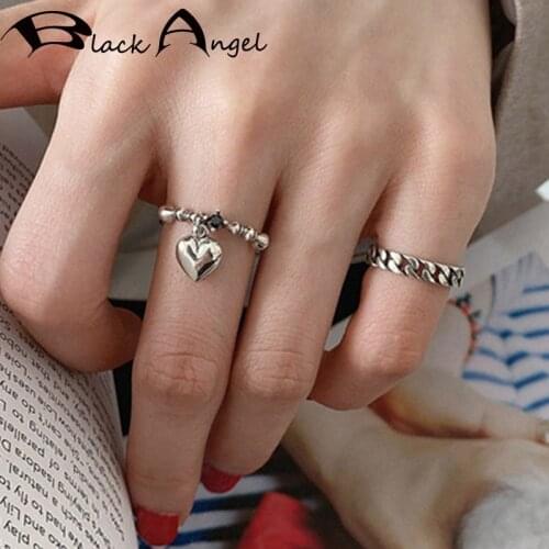 BLACK ANGEL Vintage Love Heart Charm 925 Sterling Silver Rings for Women Fashion INS Simple Elegant Wedding Party Jewelry