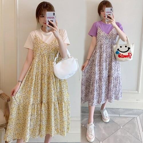 1105# T shirt + Dress Maternity Clothes Loose Stylish Short Sleeves Chiffon Floral Dress for Pregnant Women Mom Dress
