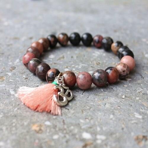 8MM Rhodolite With Pyrite Natural Stone Beads tassel Hamsa Yoga Bracelets for women jewelry
