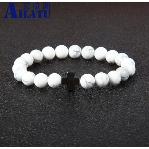 Ailatu New Design Wholesale 10pcs/lot 8mm Best Quality White Howlite Stone Beads with Hematite Royal Cross Jesus Bracelet