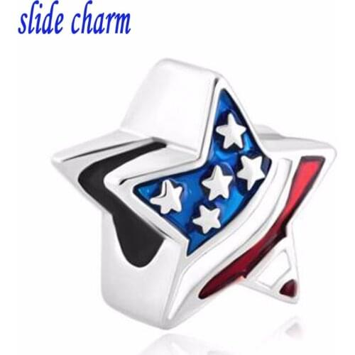 Slide charm Free shipping New European style fashion American flag five-pointed star charm beads fit Pandora bracelet