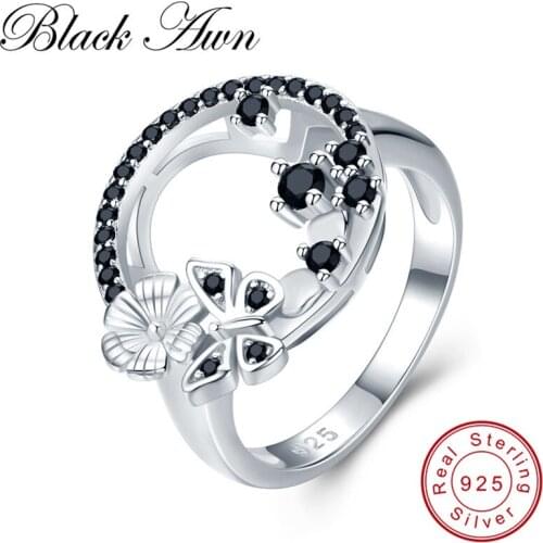 Blcak Awn Cute 925 Sterling Silver Fine Jewelry Baguet Row Engagement Black Spinel Butterfl Engagement Rings for Women G027