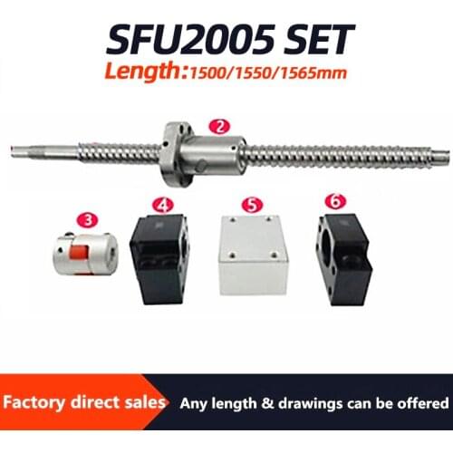 Fast deliver Ball screw set 2005 1500mm-1565mm with nut +support BKBF15+nut holder+coupling for CNC