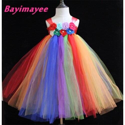 Rainbow Color Girls Dress Kids Crochet Flower Tutu Dress Ball Gown with Ribbon Bow and Headband Set Children Party Dress Clothes