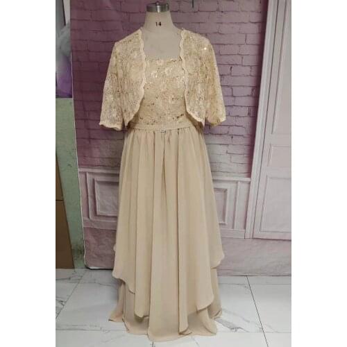 Long Chiffon Lace Champagne Mother of the Bride Dresses with Jacket Floor Length Strapless Wedding Party Dresses for Women